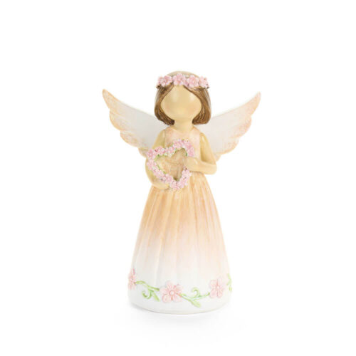 Angelo Nuvole di Stoffa in resina con vestito arancio sfumato, ali bianche luminose e ghirlanda a cuore di fiorellini rosa, h 12 cm.