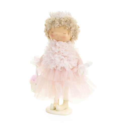 Bambola decorativa rosa chiaro Fiorirà con abito in tulle e petali, capelli ricci con coroncina e cestino con fiori, Nuvole di Stoffa 34 cm.