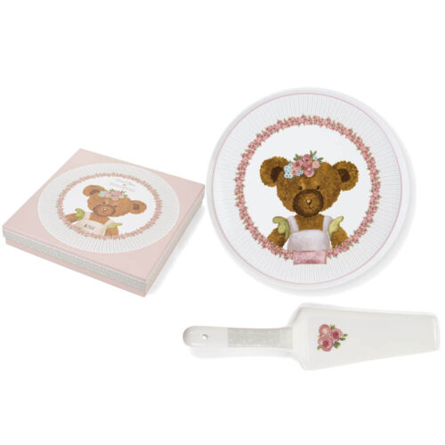 Set vassoio rotondo e paletta in porcellana Sweet Bear Ø32 cm con orsetto e ghirlanda floreale rosa, in scatola regalo coordinata.