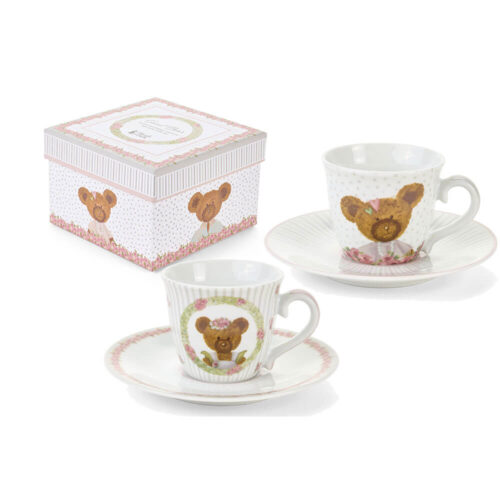 Coppia di tazzine da caffè Nuvole di Stoffa Sweet Bear 90 ml in porcellana con piattini decorati e scatola regalo coordinata.