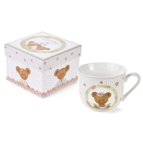 Tazza in porcellana Sweet Bear 370 ml a righe con orsetto e ghirlanda floreale, bordino rosa e scatola regalo coordinata.