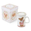 Tasse avec couvercle Polka dot Sweet Bear 380 ml Nuvole di Stoffa en porcelaine, avec ours rose et fleurs, boîte cadeau assortie.