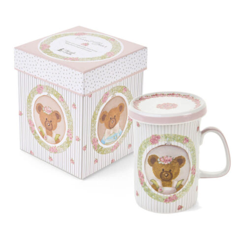 Tazza con coperchio Sweet Bear 380 ml Nuvole di Stoffa in porcellana, a righe con orsetta e ghirlanda floreale, con scatola regalo coordinata.