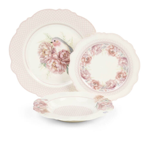 Set 18 piatti in porcellana Fiorirà Nuvole di Stoffa con decori floreali rosa cipria, bordi smerlati e piatto con uccellino, in scatola.