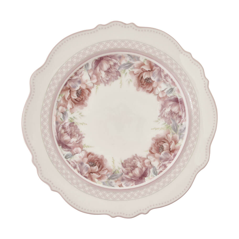 Piatto dolce in porcellana Nuvole di Stoffa, bordo smerlato rosa cipria e decoro floreale a corona, collezione Fiorirà, 20 cm.