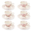 Set 6 tazzine da caffè con piattino Fiorirà 90 ml, decori peonie rosa con uccellino e fantasia floreale coordinata, piattini smerlati a reticolo rosa.