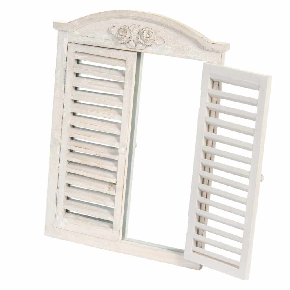 Espejo de ventana Nuvole di Stoffa h 65 cm 1 Ventana decorativa de pared de madera blanca desgastada con espejo central y puertas de persiana que se abren, 48x5x65,5 cm.