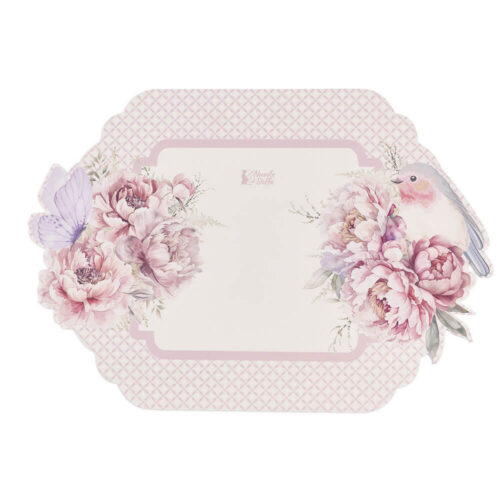 Tovaglietta in vinile sagomata rosa cipria con fiori di peonia, farfalla lilla e uccellino, collezione Fiorirà, Nuvole di Stoffa 52x36.