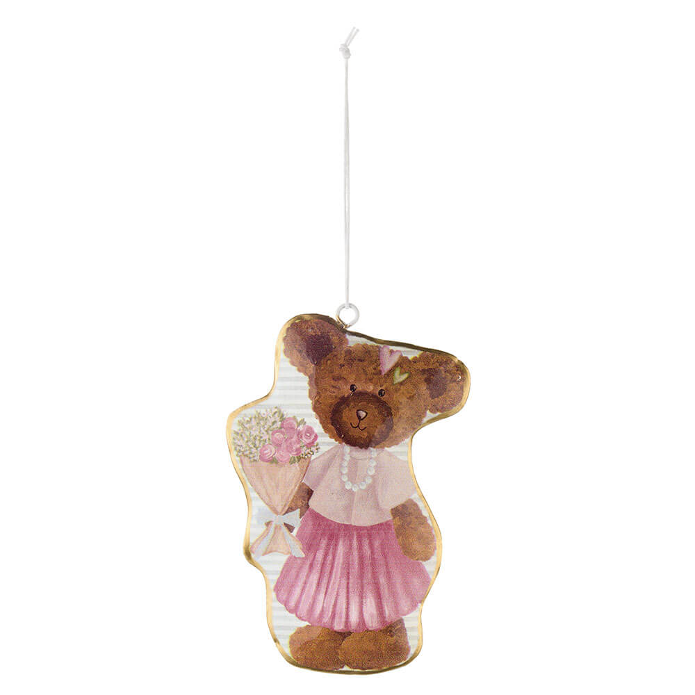 Nuvole di Stoffa Deco Orsa Fiori Sweet Bear 13 cm 1 Deco da appendere Sweet Bear a forma di orsa con abito rosa e mazzo di fiori, profilo dorato e cordino, 13 cm.