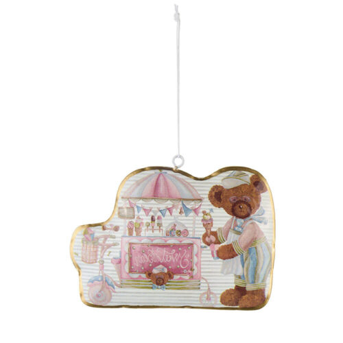 Decoro da appendere sagomato con orso gelataio, carrettino dei gelati e bordo dorato, colori pastello, collezione Sweet Bear.