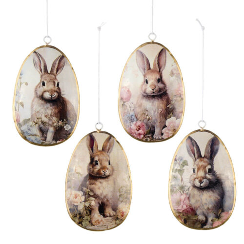 Decorazioni da appendere in latta a forma di uovo con conigli e fiori pastello, collezione PePen.
