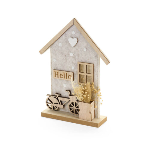Decorazione casetta grigia con pois, cuore e scritta Hello, dettagli in legno, bicicletta e fiori secchi, Nuvole di Stoffa Fiorirà.