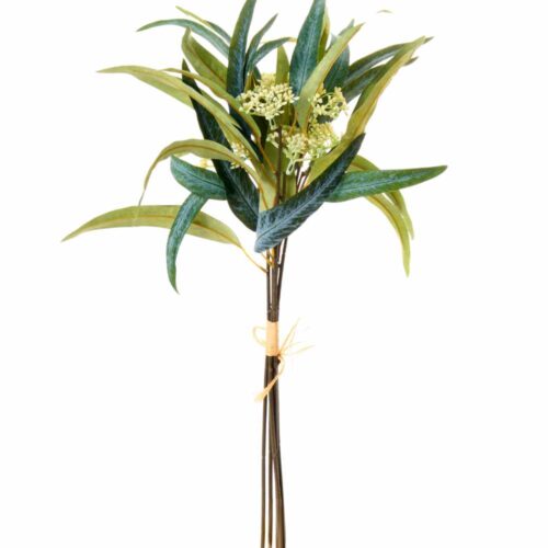 Bouquet artificiale verde e bianco con foglie lunghe e piccoli fiori, steli legati con nastrino, altezza 39 cm.