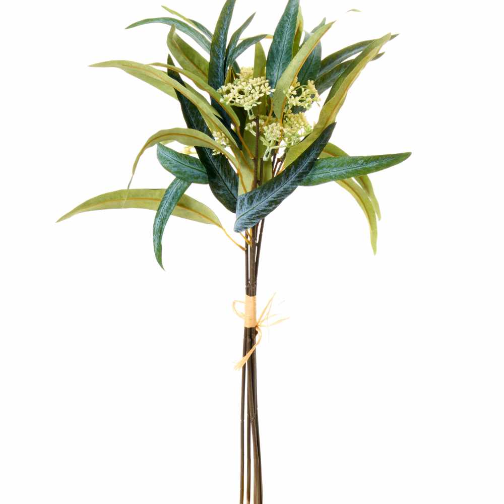 Bouquet artificiale verde e bianco con foglie lunghe e piccoli fiori, steli legati con nastrino, altezza 39 cm.
