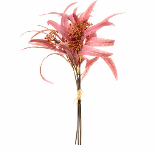 Bouquet artificiale rosa terracotta con foglie allungate e piccoli fiori, steli legati con nastrino, altezza 39 cm.