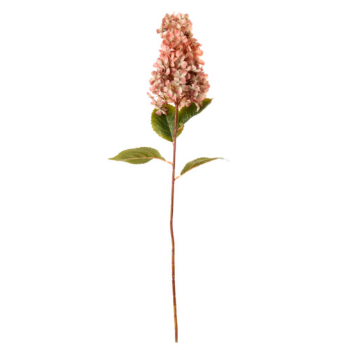 Ramo artificiale di ortensia rosa antico a grappolo con foglie verdi e stelo lungo, altezza 82 cm.