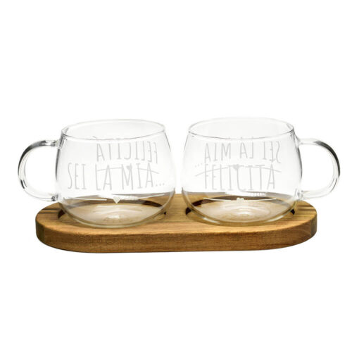 Set di due tazze in vetro borosilicato con scritte romantiche e base in bamboo, stile shabby chic.