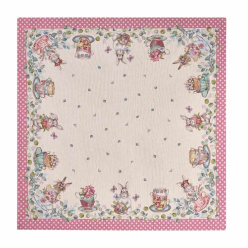 Centro tavola pasquale jacquard Nuvole di Stoffa 100x100 con bordo rosa a pois, coniglietti e decori floreali.