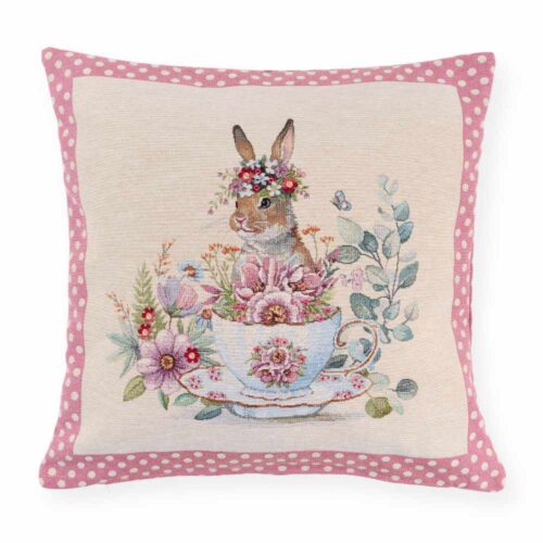 Federa jacquard 45x45 Nuvole di Stoffa Tè nel Bosco con coniglietto nella tazza e bordo rosa a pois.