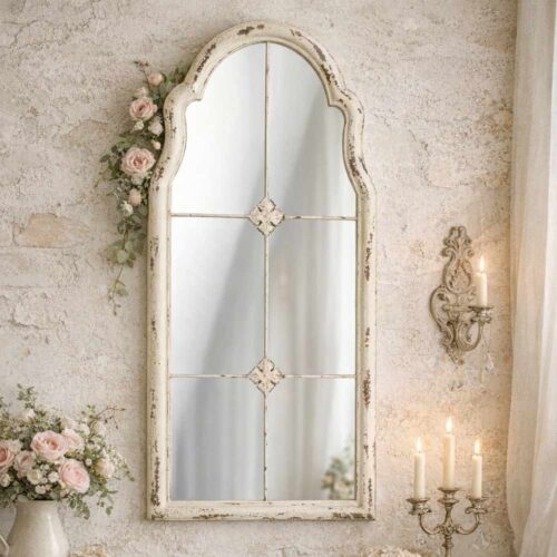 Specchio Nuvole di Stoffa in legno bianco anticato 52x120 cm, forma ad arco con griglia stile finestra.