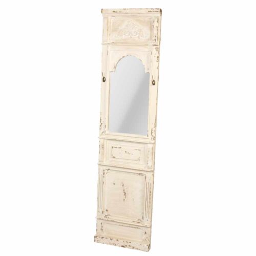 Pannello in legno bianco decapato con specchio ad arco e ganci appendiabiti, stile shabby chic, 50x7x200 cm.
