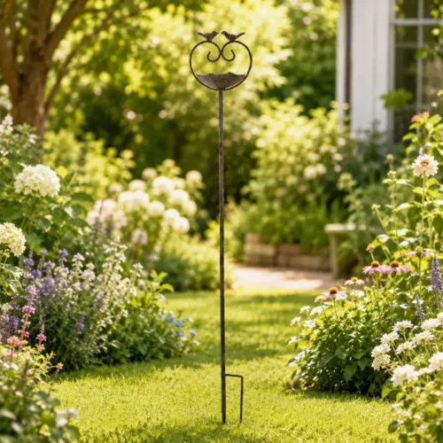 Mangiatoia da giardino in metallo con due uccellini decorativi su supporto ad arco e ciotola centrale a forma di foglia.