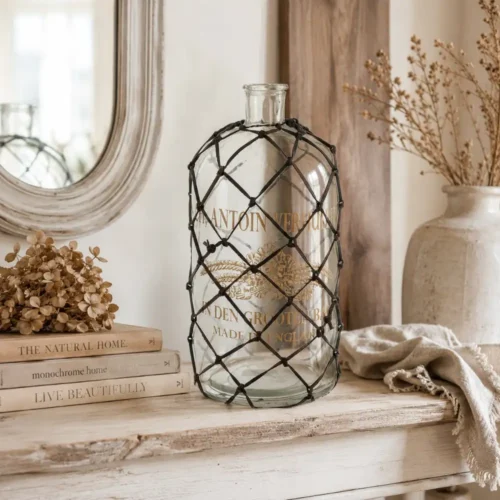 Blanc Mariclo Bottiglia decorativa in vetro e griglia in cuoio h 38 cm