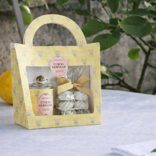 Cofanetto regalo Mathilde M Citron Meringué in borsetta gialla con finestra: candela profumata in vetro e decori in gesso a forma di meringa con fiocco vichy.