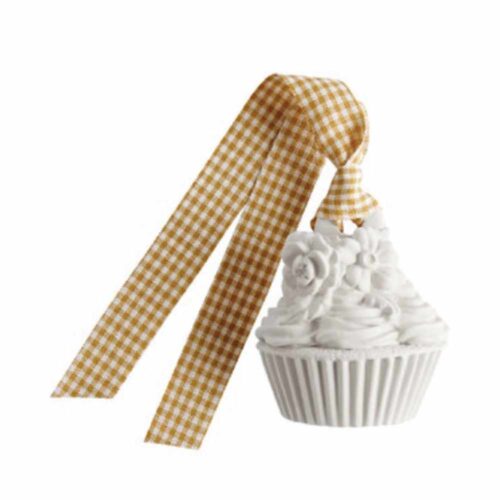 Decoración para cupcakes de escayola blanca perfumada Mathilde M Citron Meringué con flores en relieve y cinta vichy para colgar.