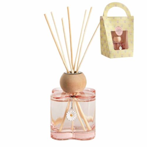 Diffusore per ambiente Mathilde M Citron Meringué con flacone in vetro, tappo in legno, bastoncini in rattan e profumo rosato, in confezione regalo.