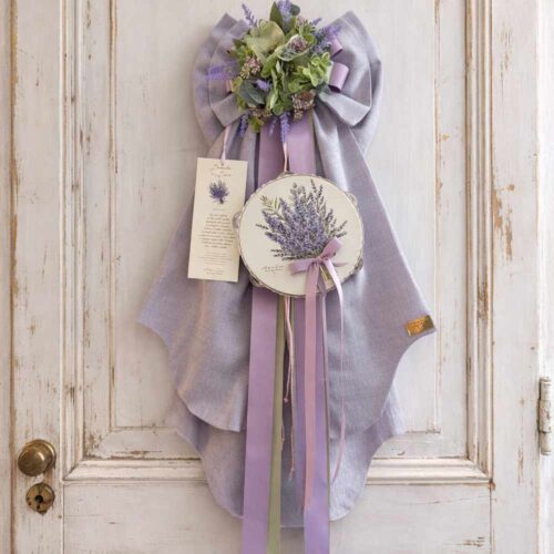 Nœud avec lavande et tambourin h 80 cm avec double queue et rubans lilas Madame Fioccò