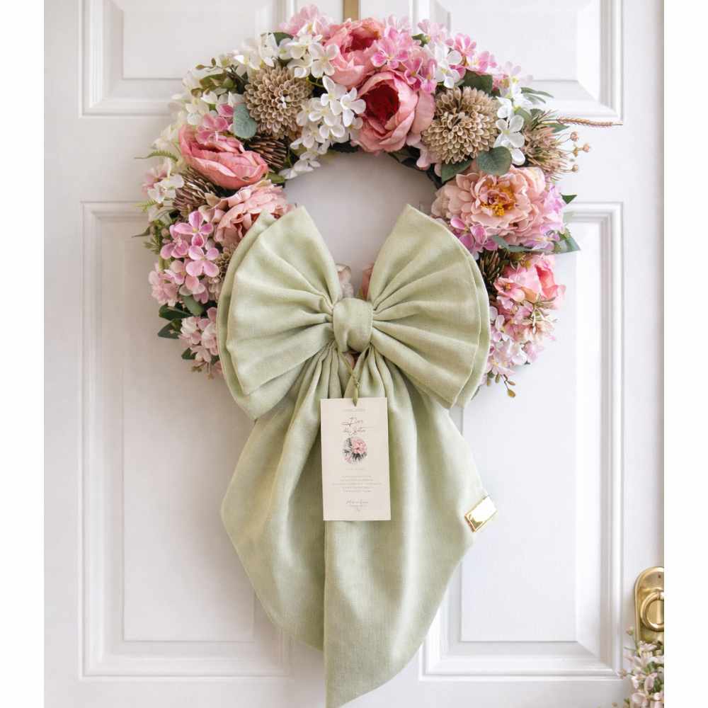 Madame Fioccò Guirlande en soie 45 cm avec noeud vert 1 Guirlande de 45 cm avec fleurs roses et blanches et grand nœud vert, Madame Fioccò