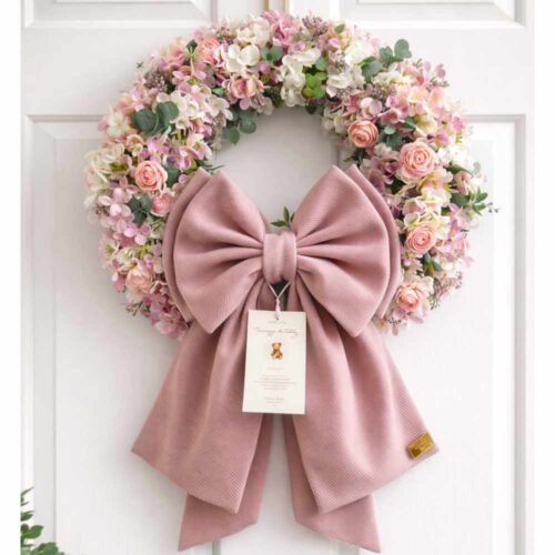 Teddy Tendresse guirlande de fleurs de naissance Ø45 cm avec noeud rose Madame Fioccò