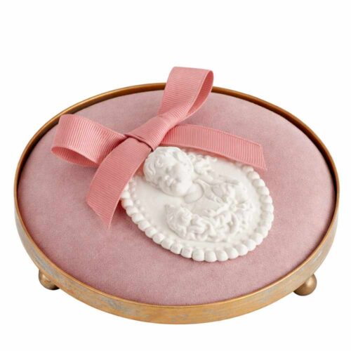 Bandeja redonda para joyas Mathilde M rosa empolvado con borde de metal dorado y pies de bola, diámetro 12 cm.