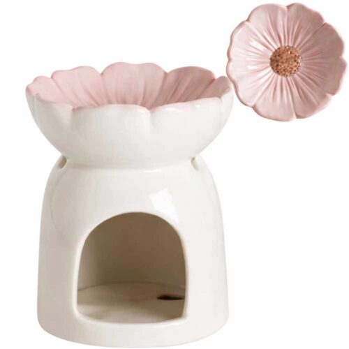 Brucia essenze Mathilde M in ceramica bianca con vaschetta a fiore rosa, apertura per tealight, diametro 9 cm altezza 11 cm.