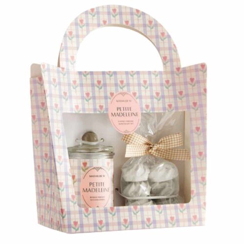 Cofanetto Petite Madeleine con candela profumata in vetro e 6 decori profumati in gesso a forma di meringa.