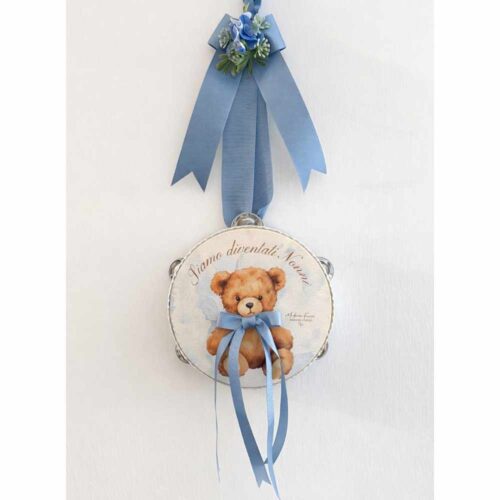 Tambourin de naissance bleu clair Ø18 cm Teddy Tendresse avec l'inscription We have become grandparents and bow to hang Madame Fioccò