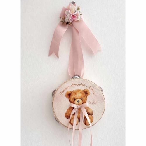 Rose Ø18 cm Teddy Birth Tambourin avec l'inscription We became grandparents et ruban à suspendre Madame Fioccò