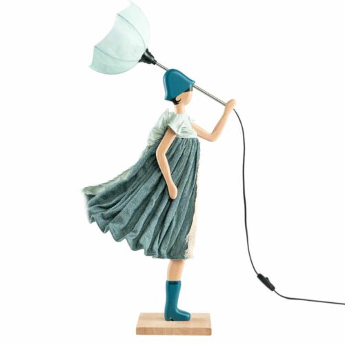 Lampada artigianale Nur SKITSO con paralume verde acqua e base in legno di faggio.