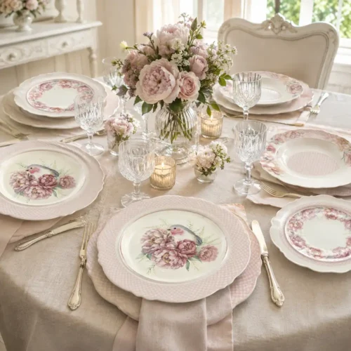 Set 18 piatti in porcellana Fiorirà Nuvole di Stoffa con decori floreali rosa cipria, bordi smerlati e piatto con uccellino, in scatola.