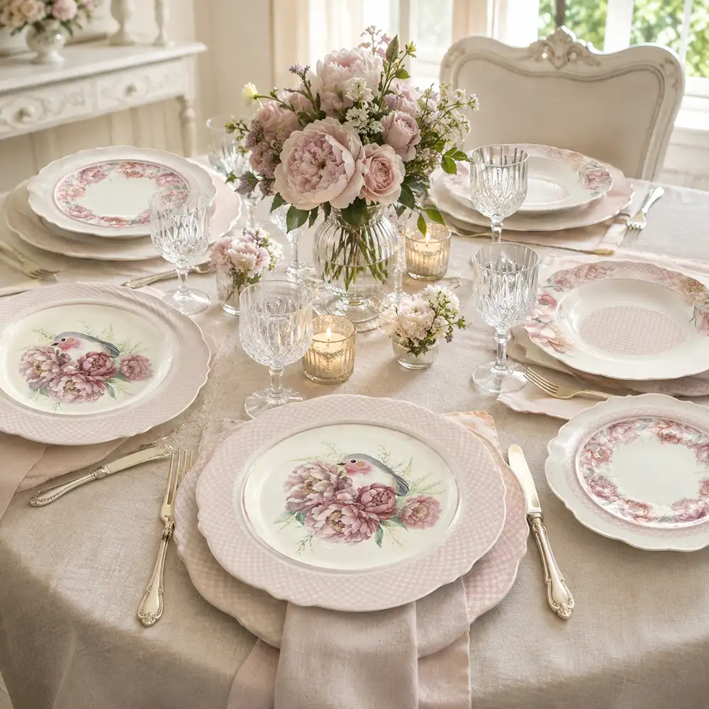 Set 18 piatti in porcellana Fiorirà Nuvole di Stoffa con decori floreali rosa cipria, bordi smerlati e piatto con uccellino, in scatola.