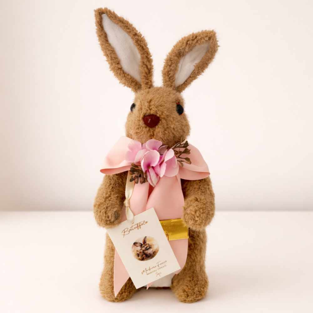 Coniglietto decorativo Batuffolo h 27 cm con fiocco rosa decorato, Madame Fioccò