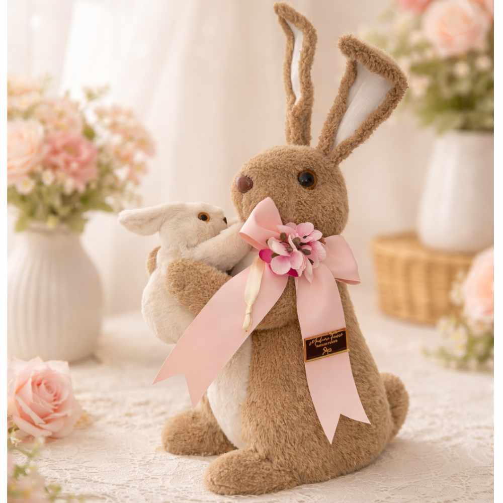 Coniglio mamma e figlio con fiocco rosa decorato h 41 cm Batuffolo, Madame Fioccò