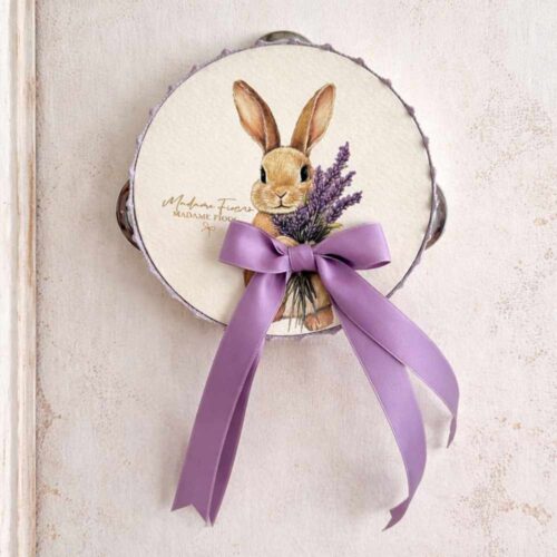 Tamburello 10 cm con coniglietto illustrato e fiocco lilla con nastri, Madame Fioccò