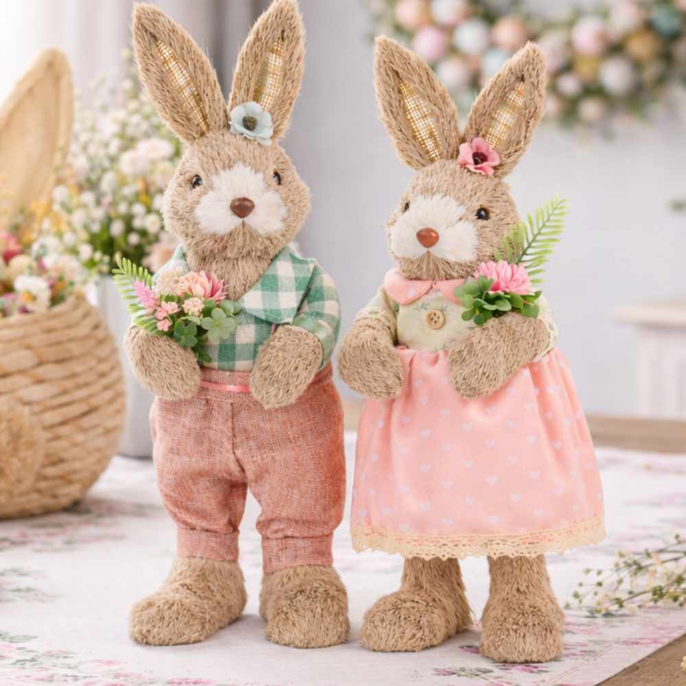 Nuvole di Stoffa Coppia Conigli Pepen Lui e Lei H 40 1 Coppia conigli Nuvole di Stoffa Pepen H 40 cm in peluche, lui con camicia vichy e bouquet, lei con abito rosa a cuori e pizzo.