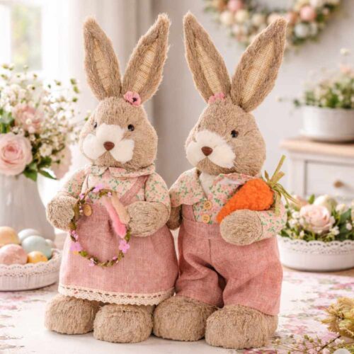 Coppia conigli decorativi Nuvole di Stoffa Pepen H 40 cm, in peluche con abiti rosa: lui con carota e lei con ghirlanda.