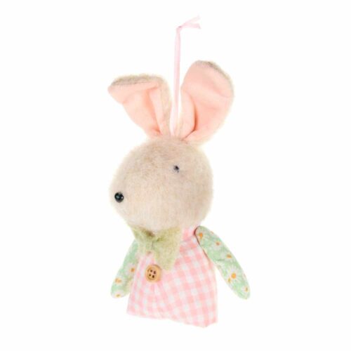 Coniglio rosa da appendere in tessuto con vestitino vichy e nastro, collezione Pepen.