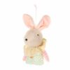 Coniglio da appendere in tessuto con pizzo avorio, abito floreale e nastro rosa, collezione Pepen.