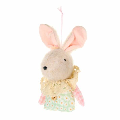 Coniglio da appendere in tessuto con pizzo avorio, abito floreale e nastro rosa, collezione Pepen.