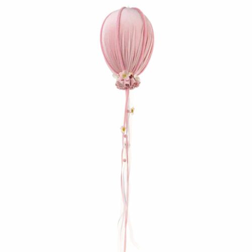 Mongolfiera decorativa Nuvole di Stoffa Fiorirà rosa H 19 cm con nastri pendenti e margheritine, da appendere.